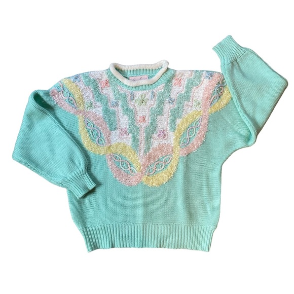 Vintage Sweaters - ❌SOLD🏷️Vintage Jaclyn Smith Fairy Granny Core Knitted Pastel Beaded Sweater